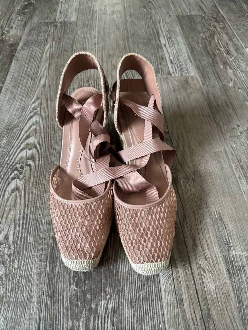 Zara Lux-Inspired Pink Mesh Ribbon Espadrille Wedge, US11, excellent condition